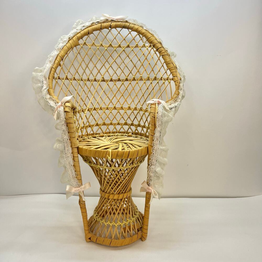 vtg peacock chair doll size lace bow trim wicker plant stand cottagecore boho